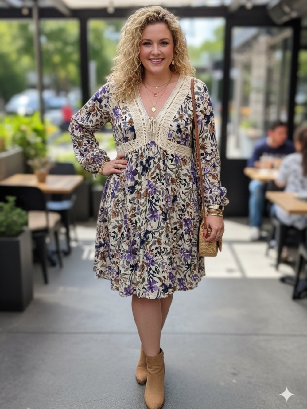 Torrid Boho Floral V-Neck Long Sleeve Skater Dress - Purple Cream